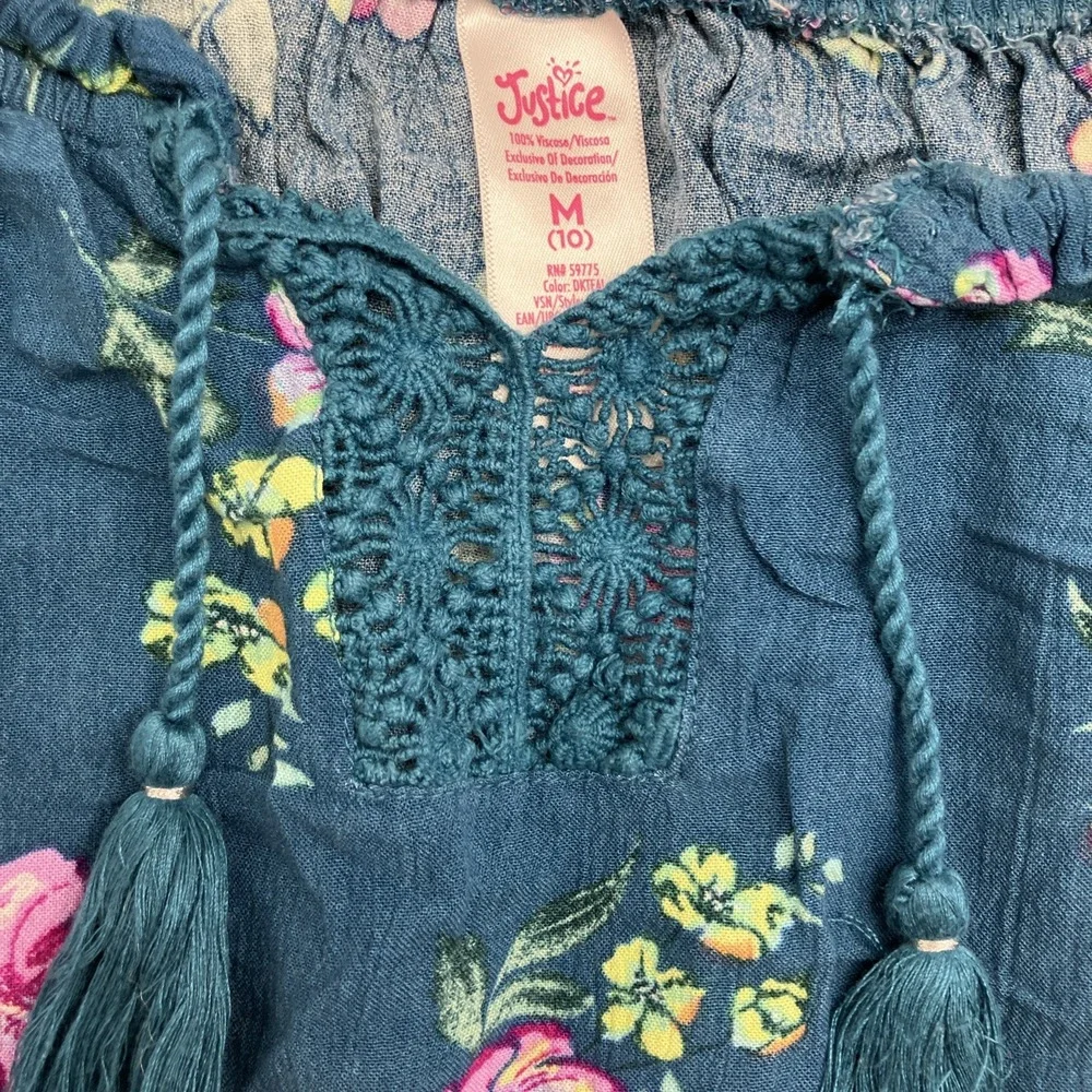 Justice Shirt Girls M/10 Teal Floral Long Sleeve Crochet Peasant Top Boho